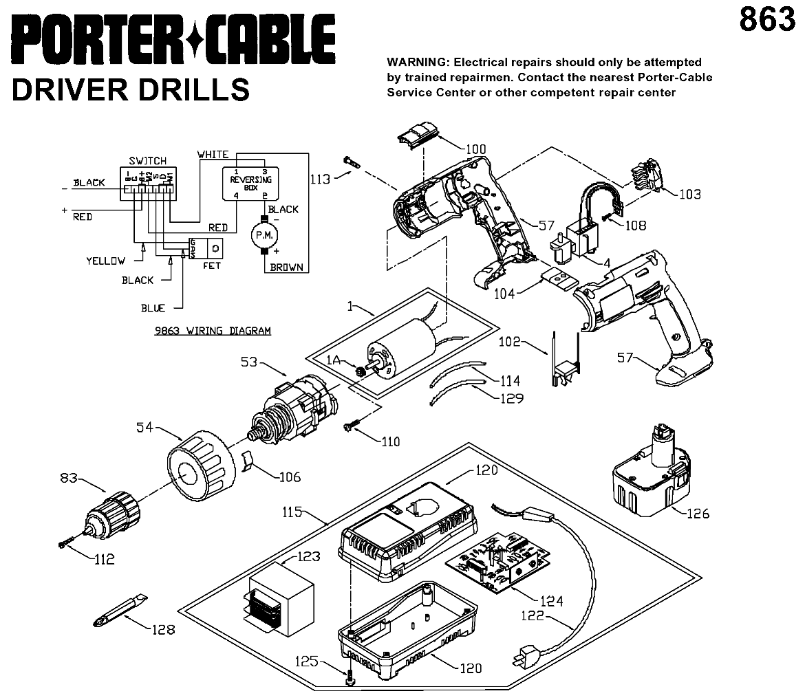 Default Diagram and Parts List for 9863 Type 1 Porter Cable Electric Drill